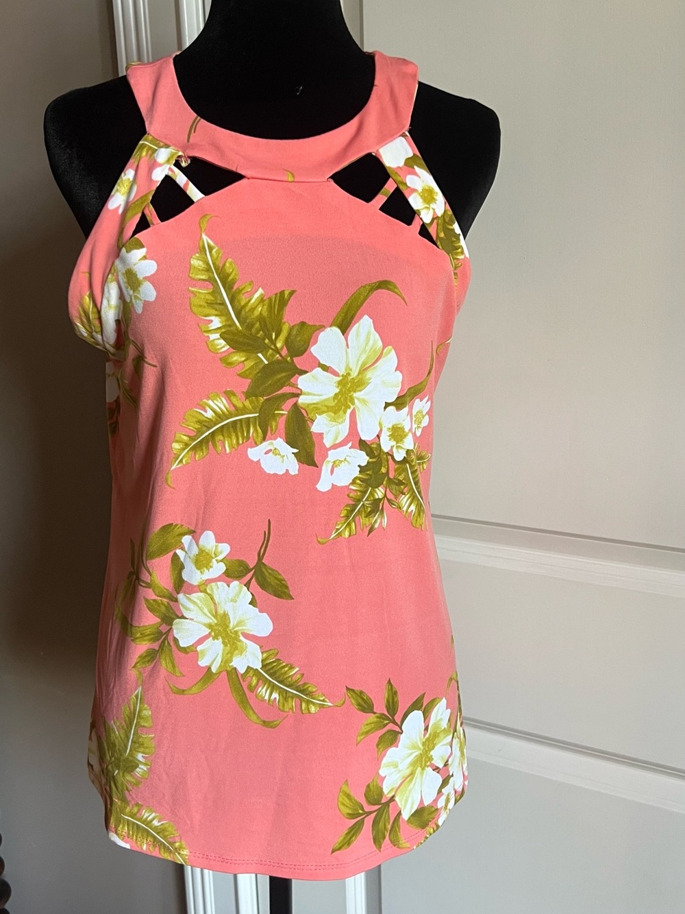 Coral Pink Floral Halter Tank Top with Cutout Detail
